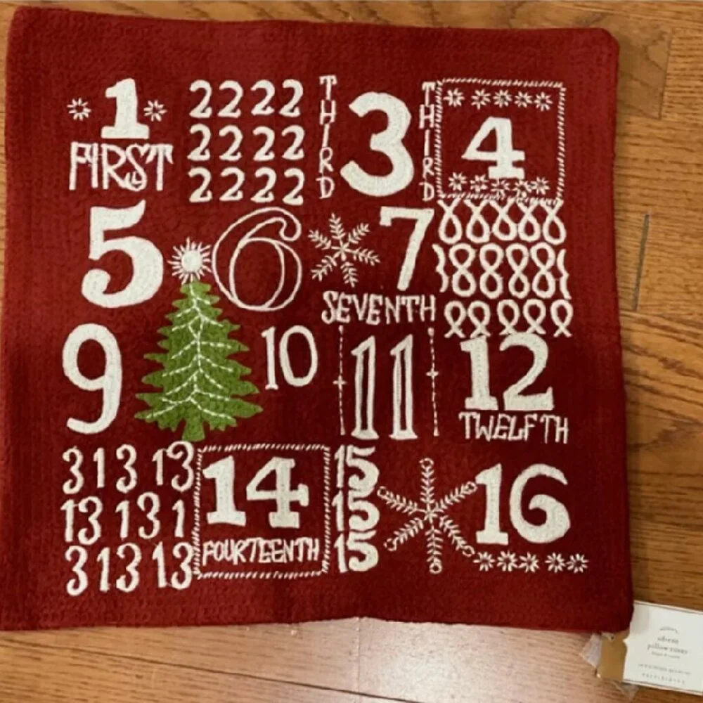 NEW 18” SQ Pottery Barn Red Crewel Advent Throw Pillow Cover Christmas Decor